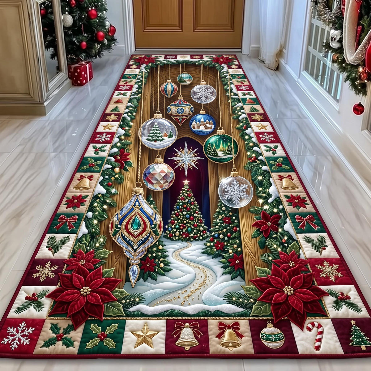 Christmas Ornament Runner Rug - Seasonal Design | Festive Runner Rug - washable non-slip printed rug