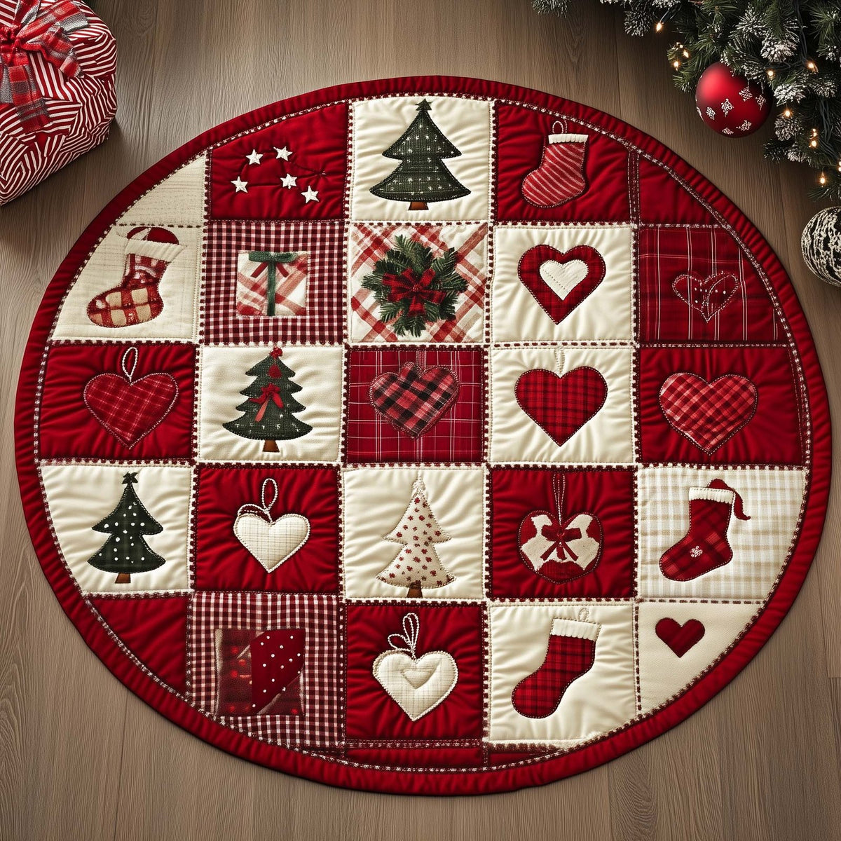Christmas Patchwork Round Mat Rug - washable non-slip printed rug