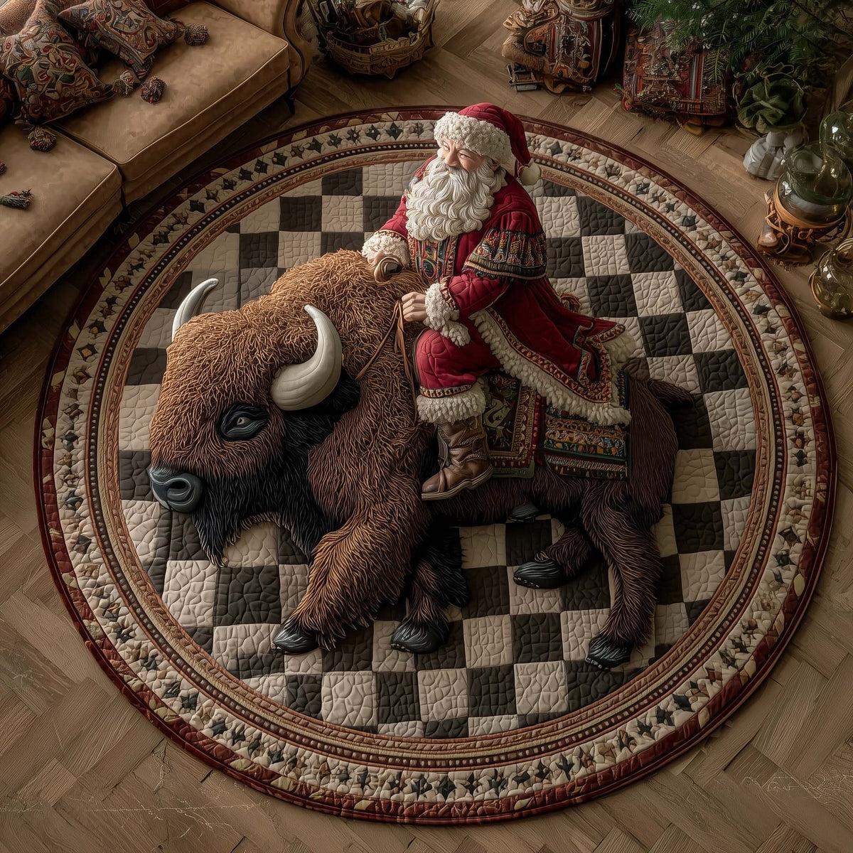 Christmas Prairie Round Mat Rug - washable non-slip printed rug