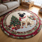 Christmas Pug Scene Round Mat Rug - washable non-slip printed rug