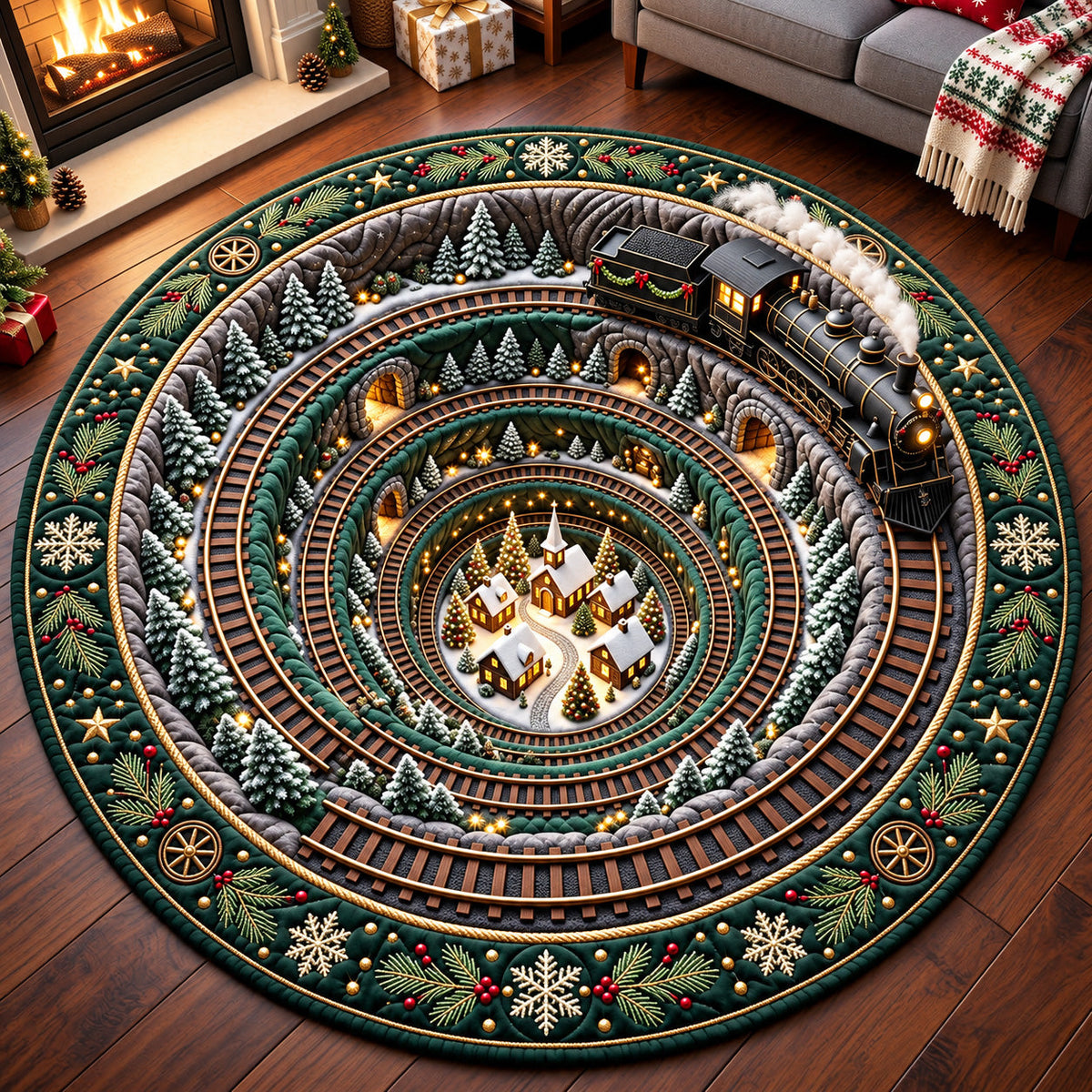 Christmas Railway Round Mat Rug - Seasonal Design | Festive Home Decor - washable non-slip printed rug