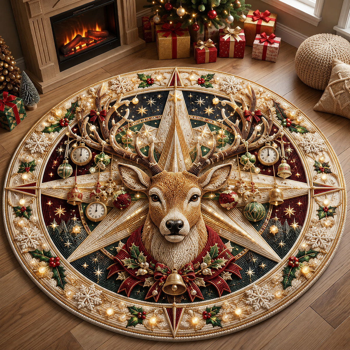 Christmas Reindeer Star Round Mat Rug - Seasonal Design | Festive Home Decor - washable non-slip printed rug