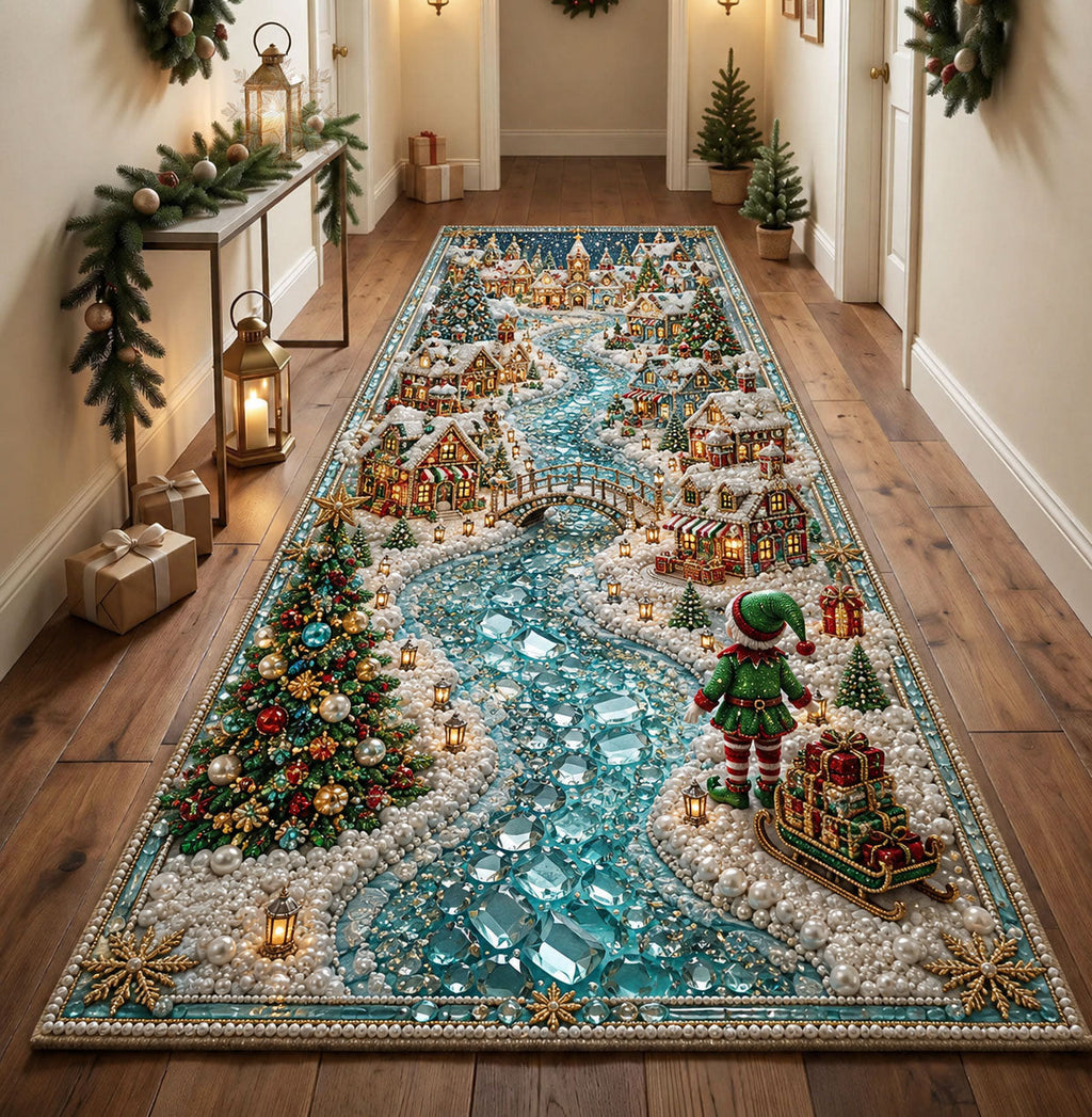 Christmas River Village Runner Rug - Seasonal Design | Festive Runner Rug - washable non-slip printed rug