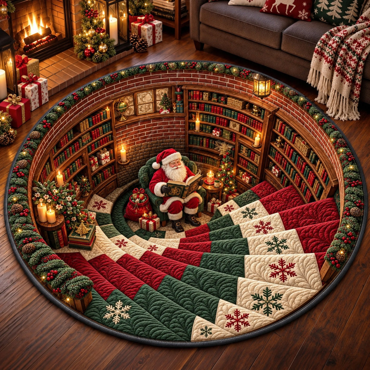 Christmas Santa Library Round Mat Rug - Seasonal Design | Festive Home Decor - washable non-slip printed rug