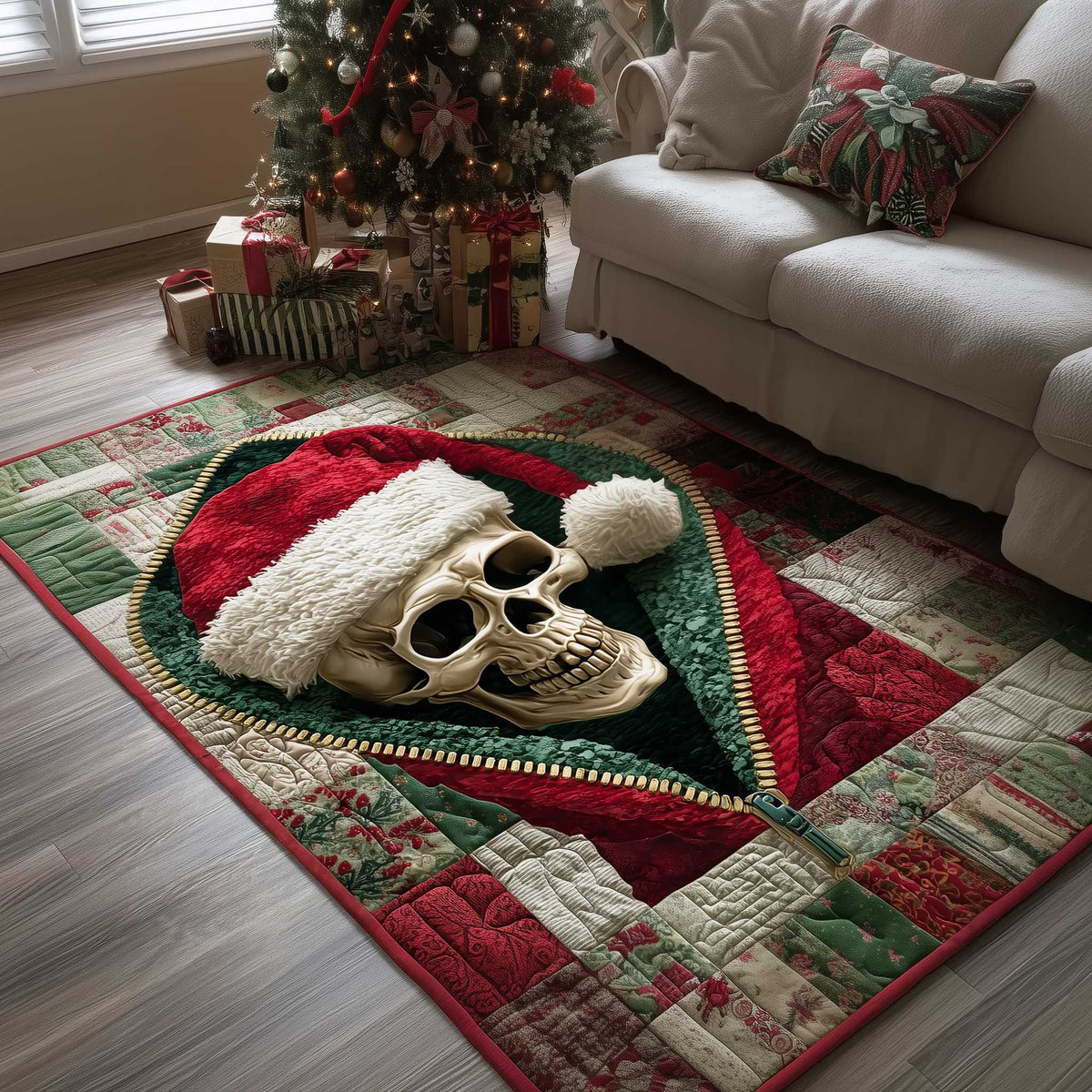 Christmas Skull area rug in a living room