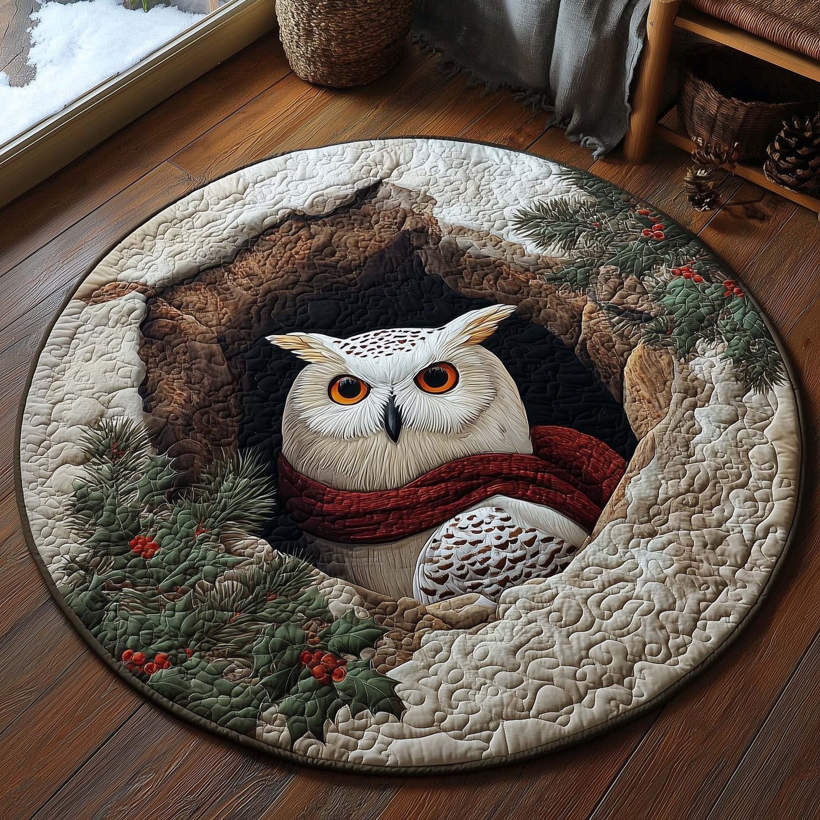Christmas Snowy Owl Round Mat Rug - Cute Pet Design | Animal Printed Home Decor