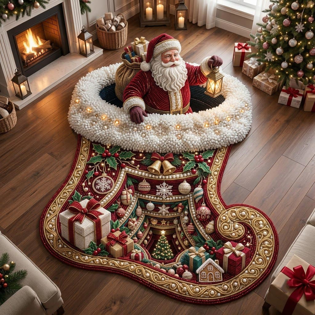 Christmas Stocking Custom Shape Area Rug - Seasonal Design | Die-Cut Non-Slip Rug - washable non-slip printed rug