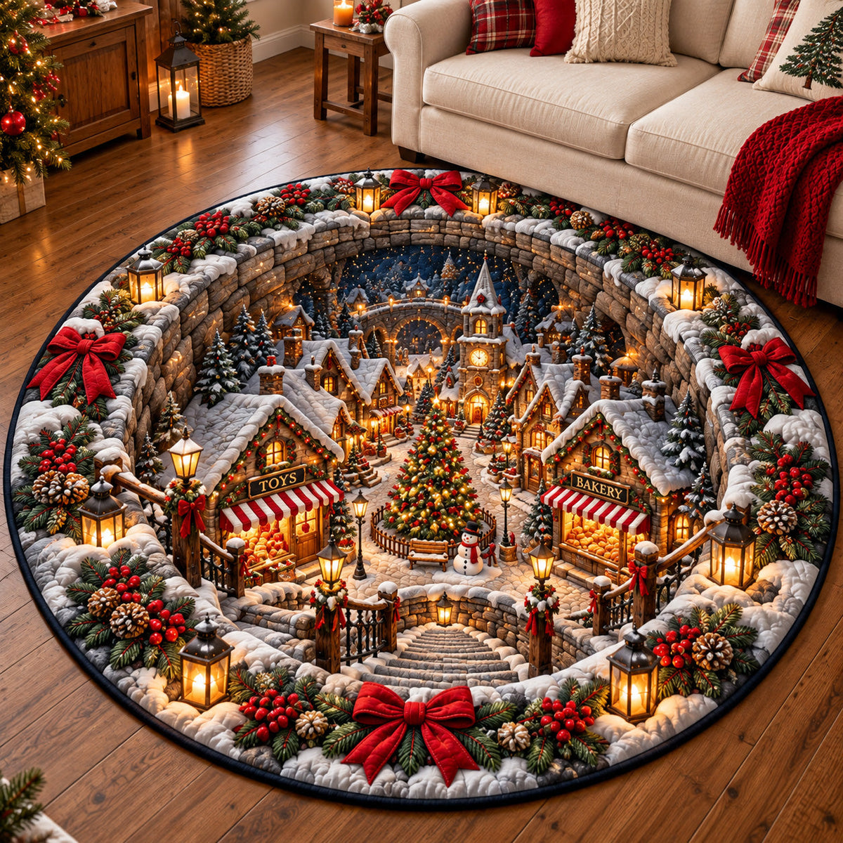 Christmas Town Square Round Mat Rug - Seasonal Design | Festive Home Decor - washable non-slip printed rug