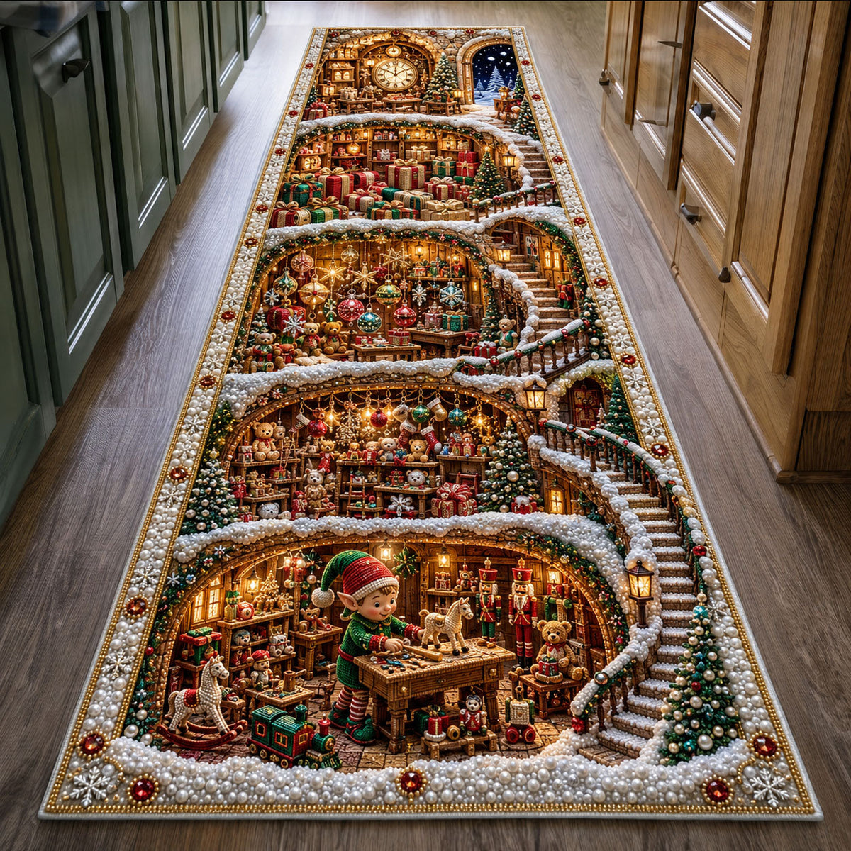 Christmas Toy Workshop Runner Rug - Seasonal Design | Festive Runner Rug - washable non-slip printed rug