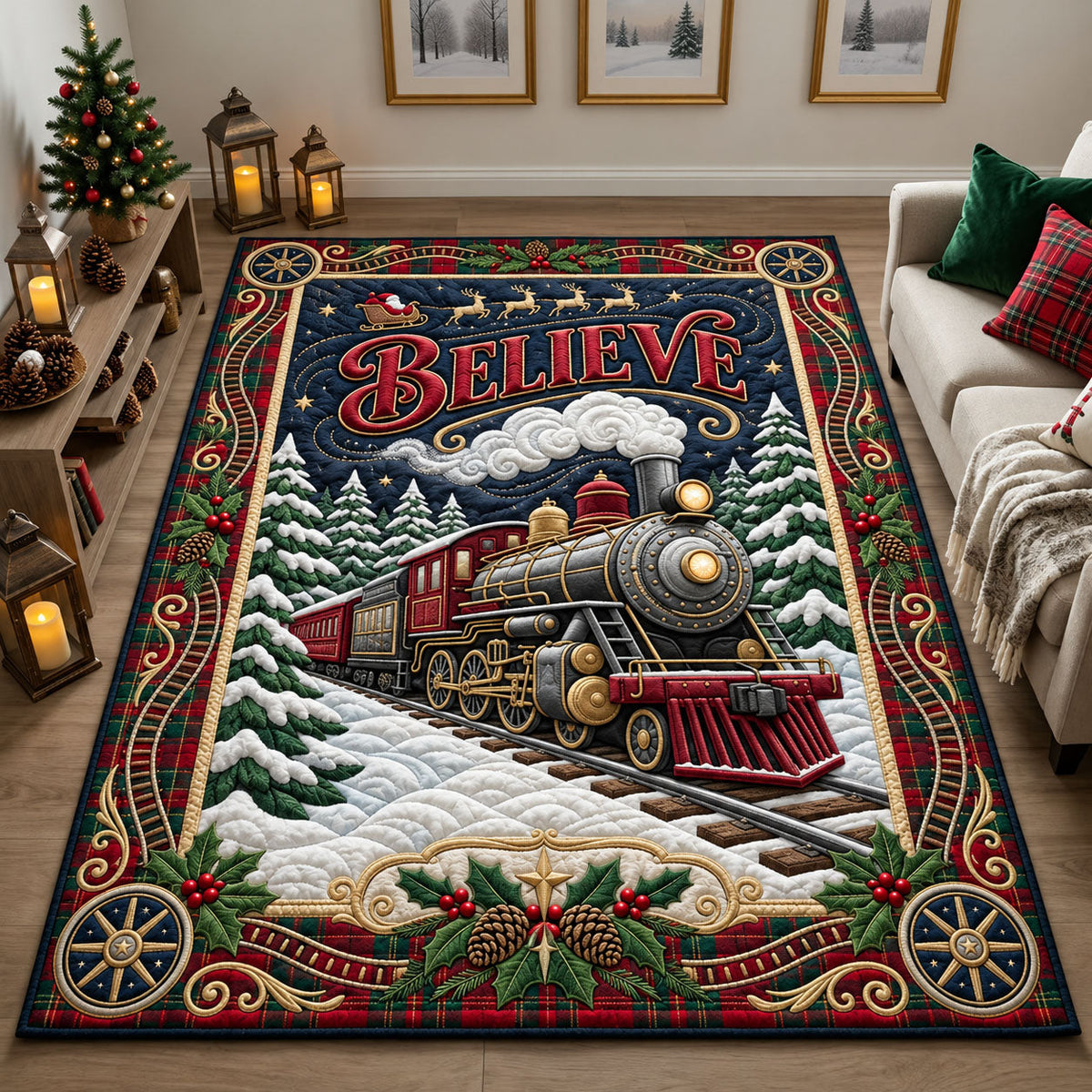 Christmas Train area rug in a living room