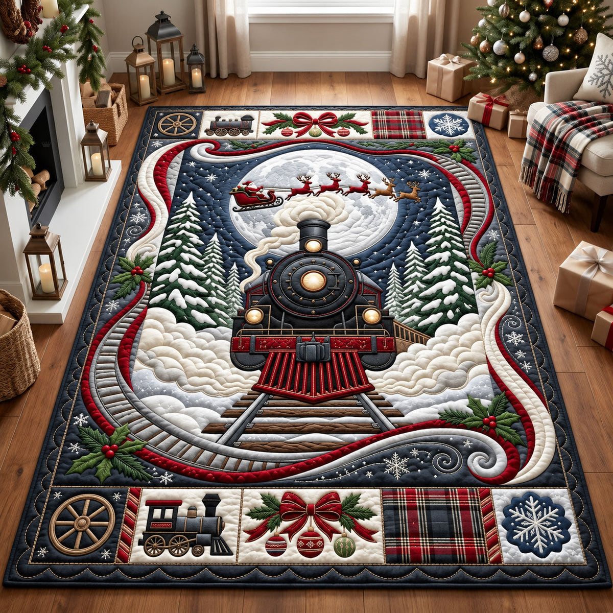Christmas Train area rug in a living room