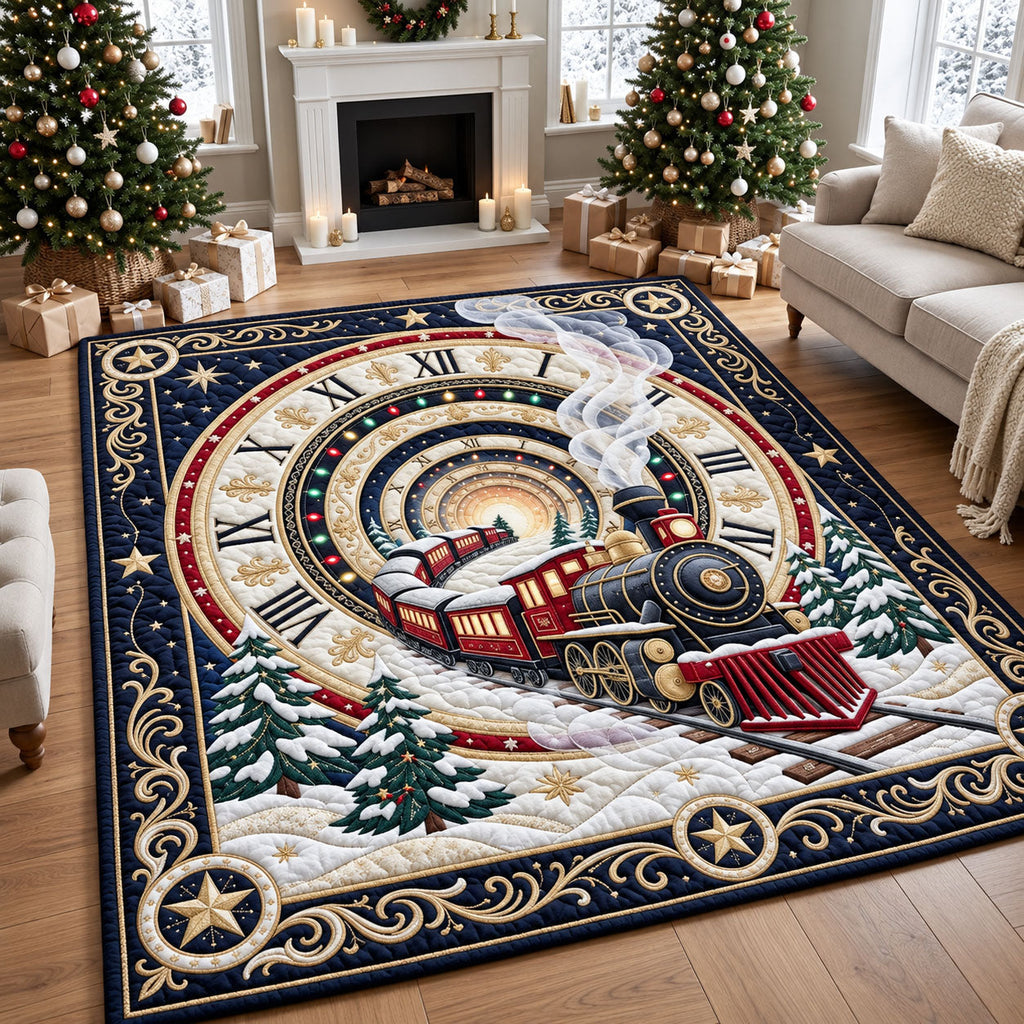 Christmas Train Clock area rug in a living room