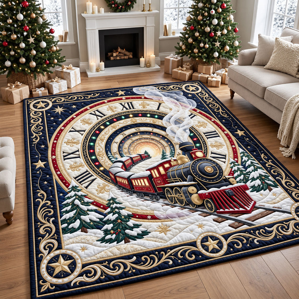 Christmas Train Clock area rug in a living room