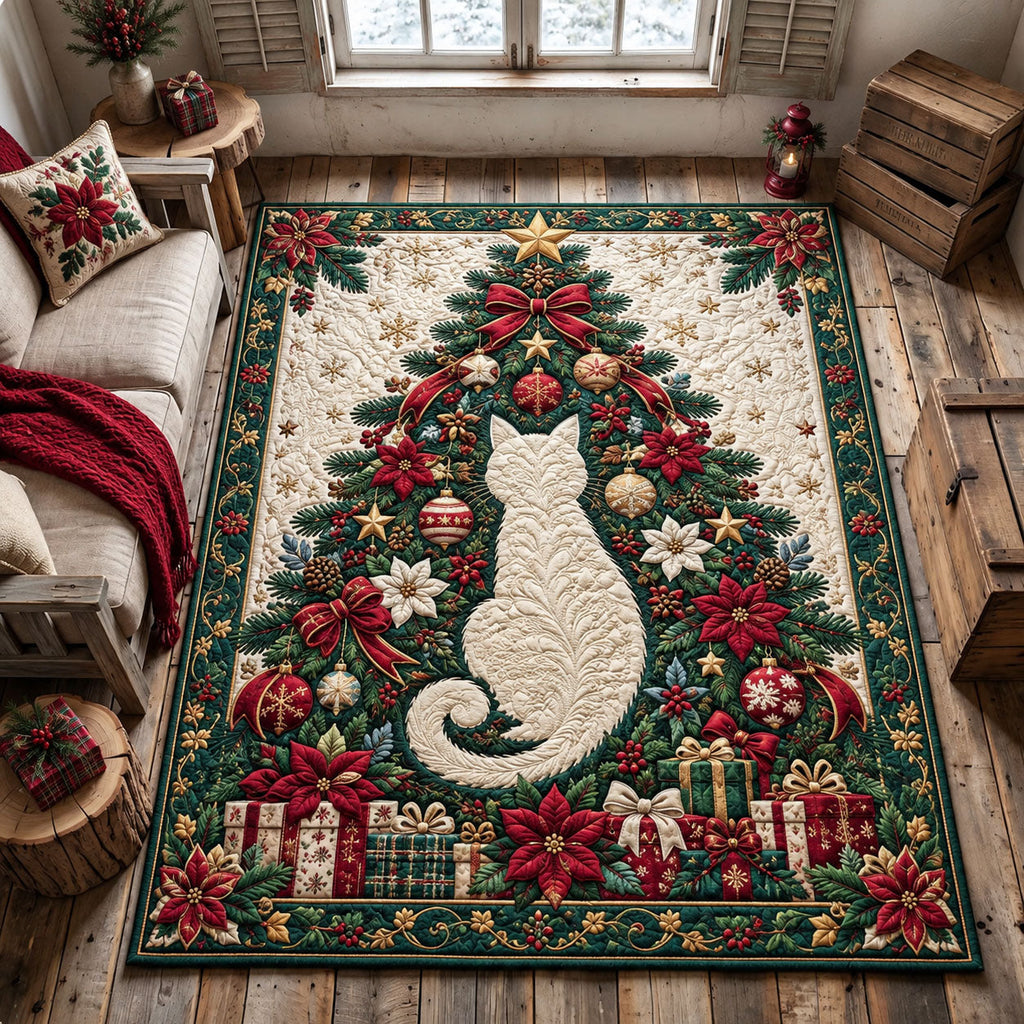 Christmas Tree Cat area rug in a living room
