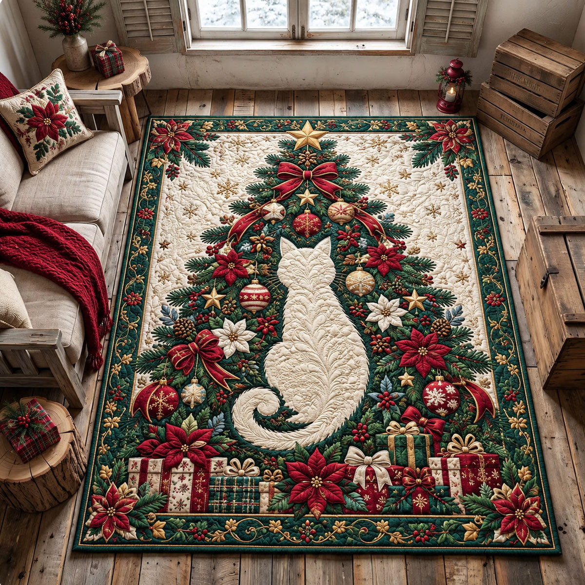 Christmas Tree Cat area rug in a living room