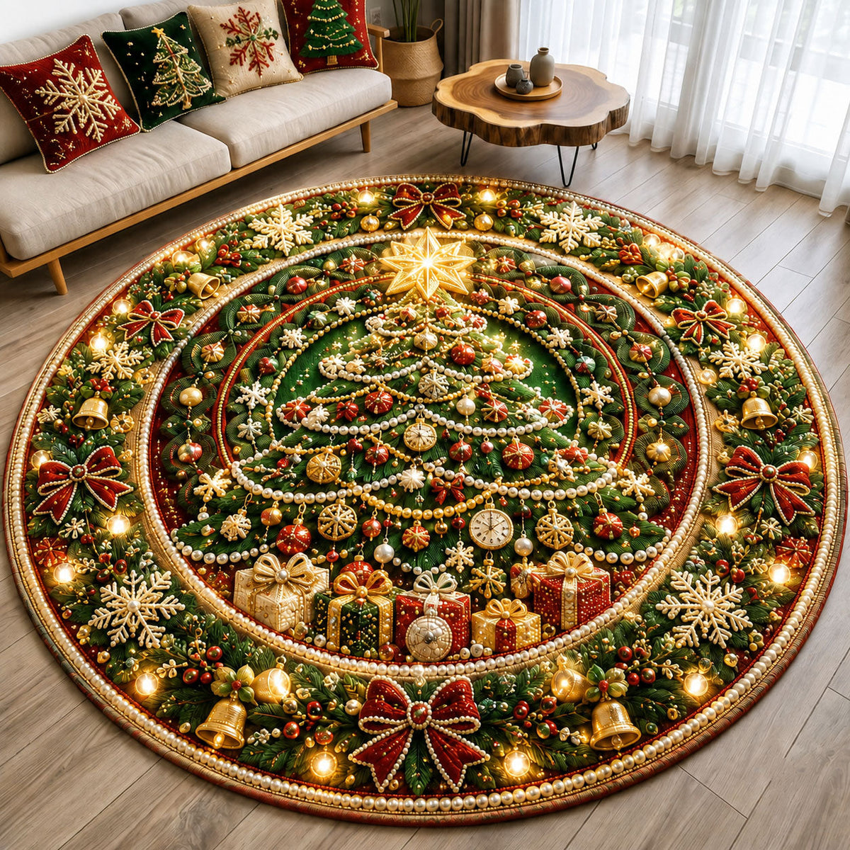 Christmas Tree Magic Round Mat Rug - Seasonal Design | Festive Home Decor - washable non-slip printed rug