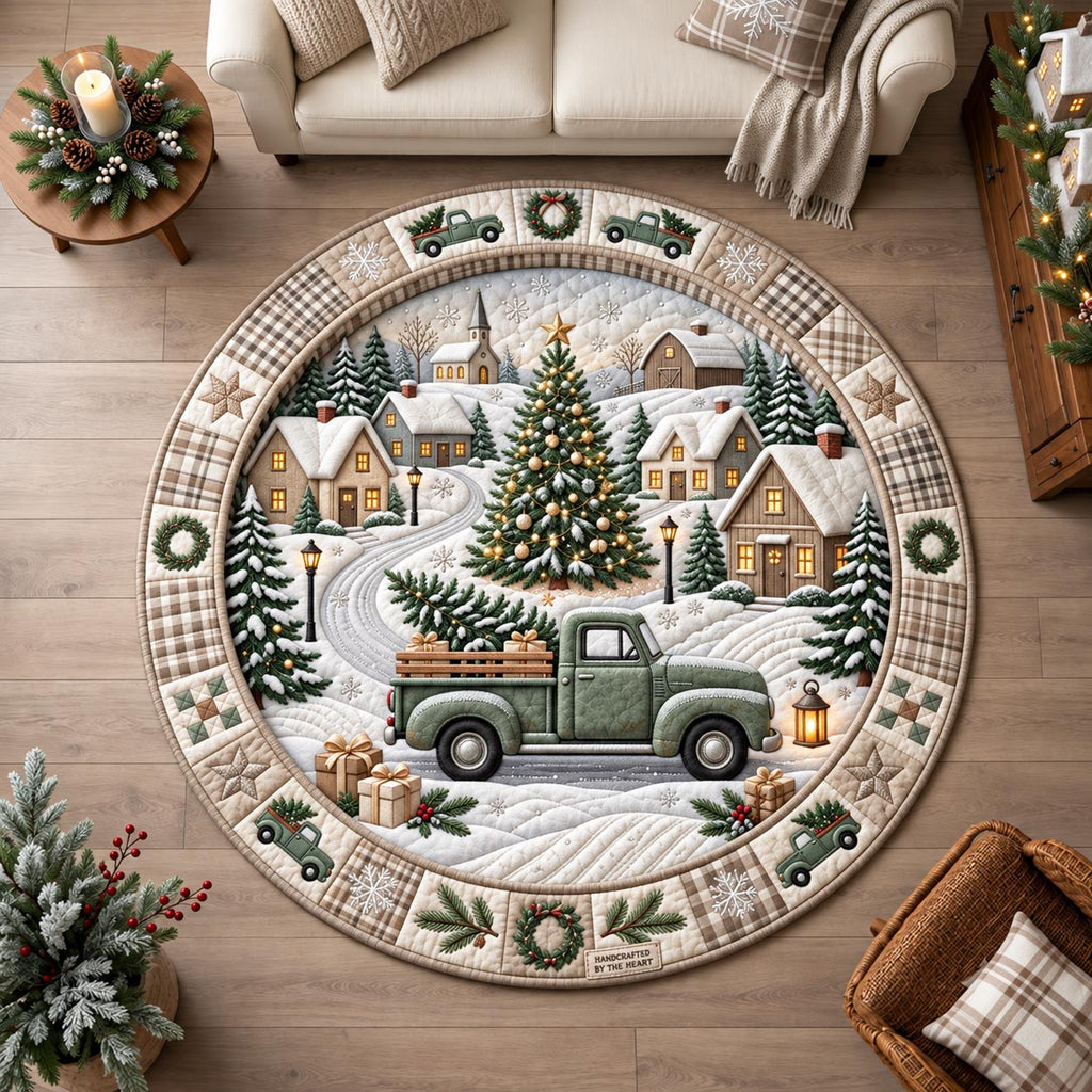 Christmas Tree Truck Round Mat Rug - Seasonal Design | Festive Home Decor - washable non-slip printed rug