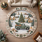 Christmas Tree Truck Round Mat Rug - Seasonal Design | Festive Home Decor - washable non-slip printed rug
