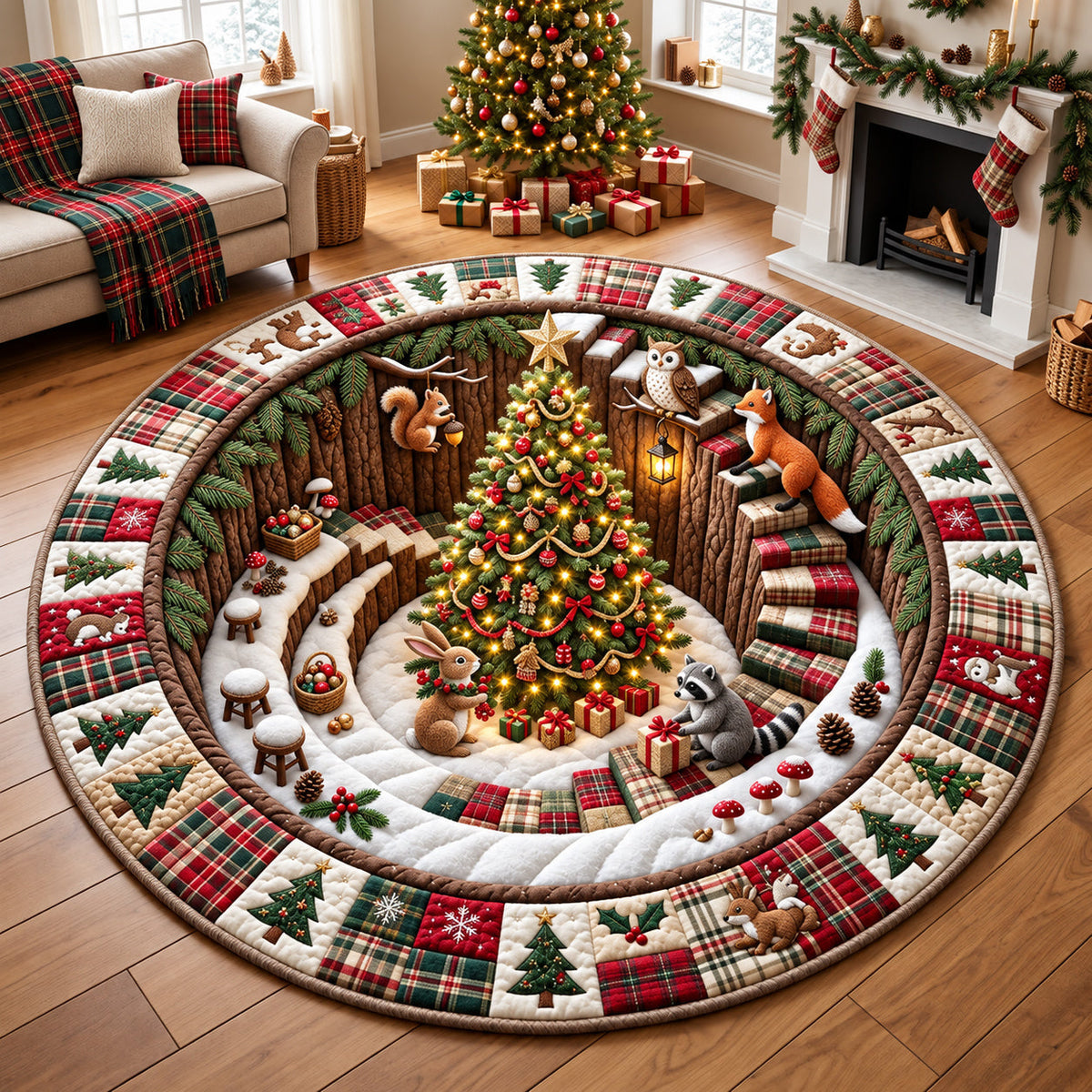 Christmas Tree Village Round Mat Rug - Seasonal Design | Festive Home Decor - washable non-slip printed rug