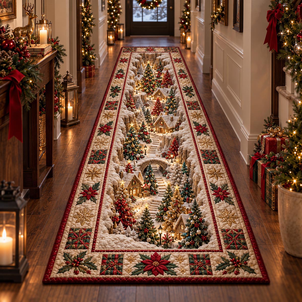 Christmas Tree Walk Runner Rug - Seasonal Design | Festive Runner Rug - washable non-slip printed rug