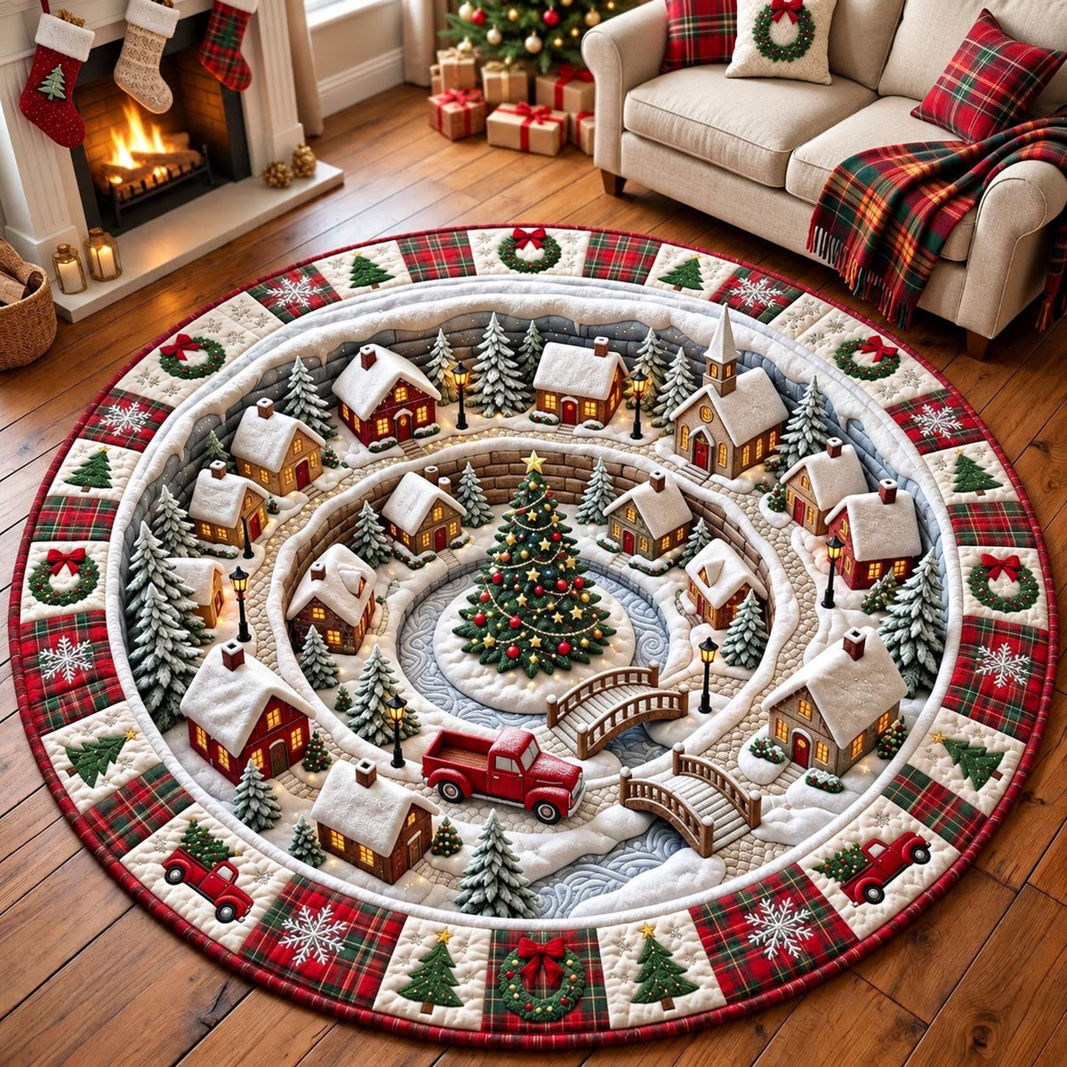 Christmas Village Circle Round Mat Rug - Seasonal Design | Festive Home Decor - washable non-slip printed rug