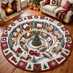 Christmas Village Circle Round Mat Rug - Seasonal Design | Festive Home Decor - washable non-slip printed rug