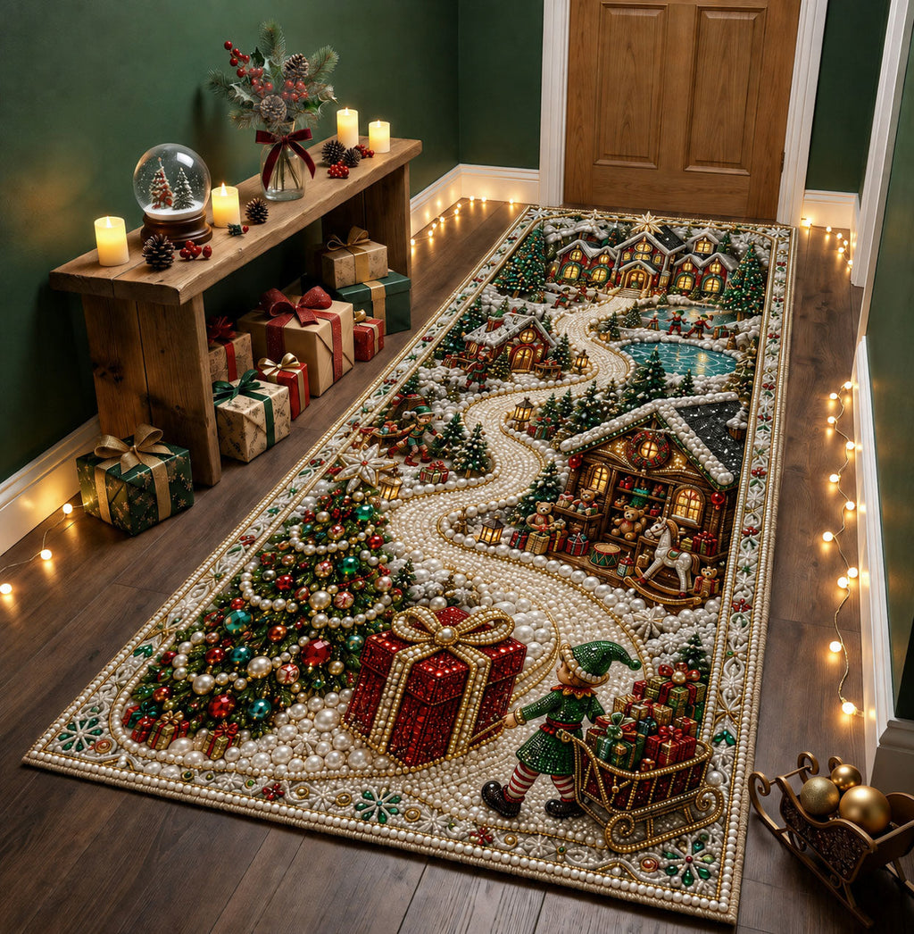 Christmas Village Gift Trail Runner Rug - Seasonal Design | Festive Runner Rug - washable non-slip printed rug