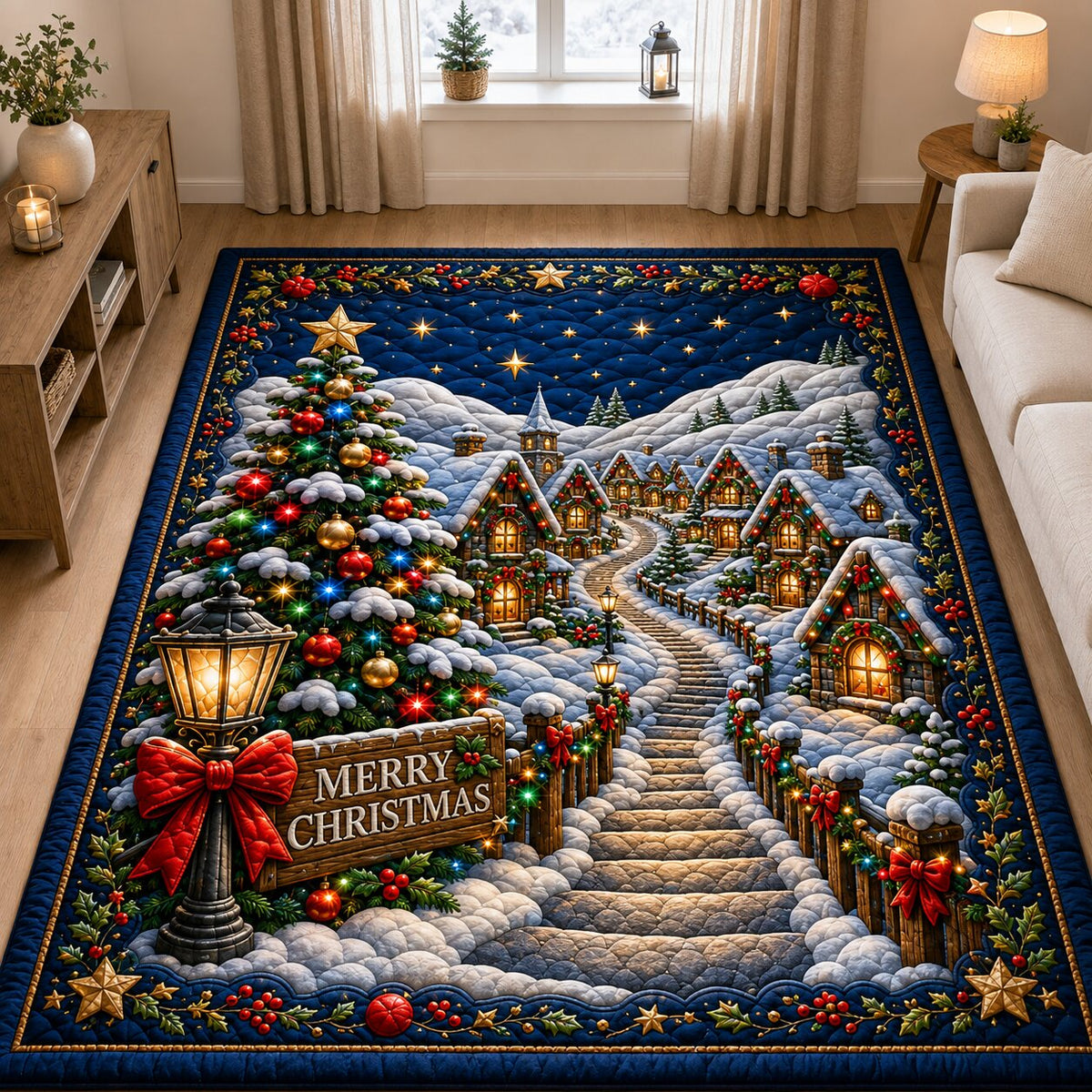 Christmas Village Magic area rug in a living room