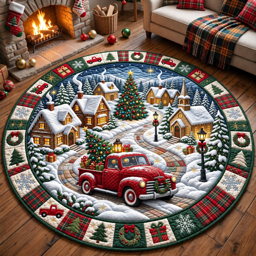 Christmas Village Truck Round Mat Rug - Seasonal Design | Festive Home Decor - washable non-slip printed rug