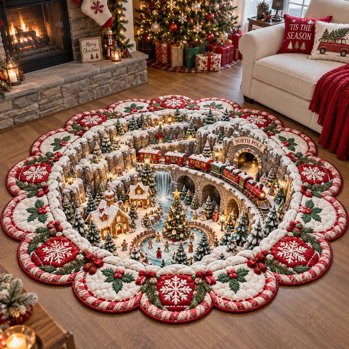 Christmas Village Wonder Custom Shape Area Rug - Seasonal Design | Seasonal Shaped Rug - washable non-slip printed rug