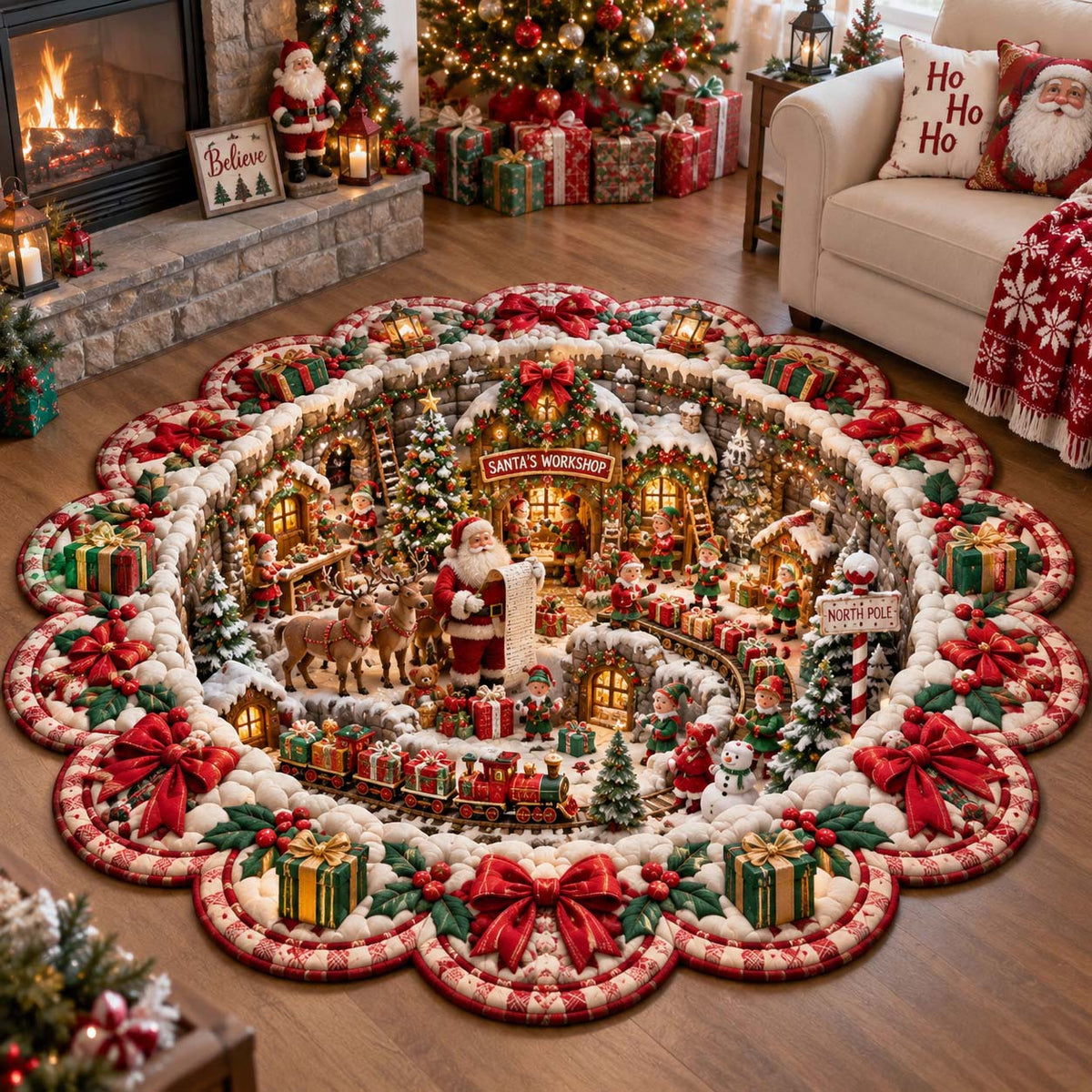 Christmas Village Wonder Custom Shape Area Rug - Seasonal Design | Seasonal Cut-Out Rug - washable non-slip printed rug