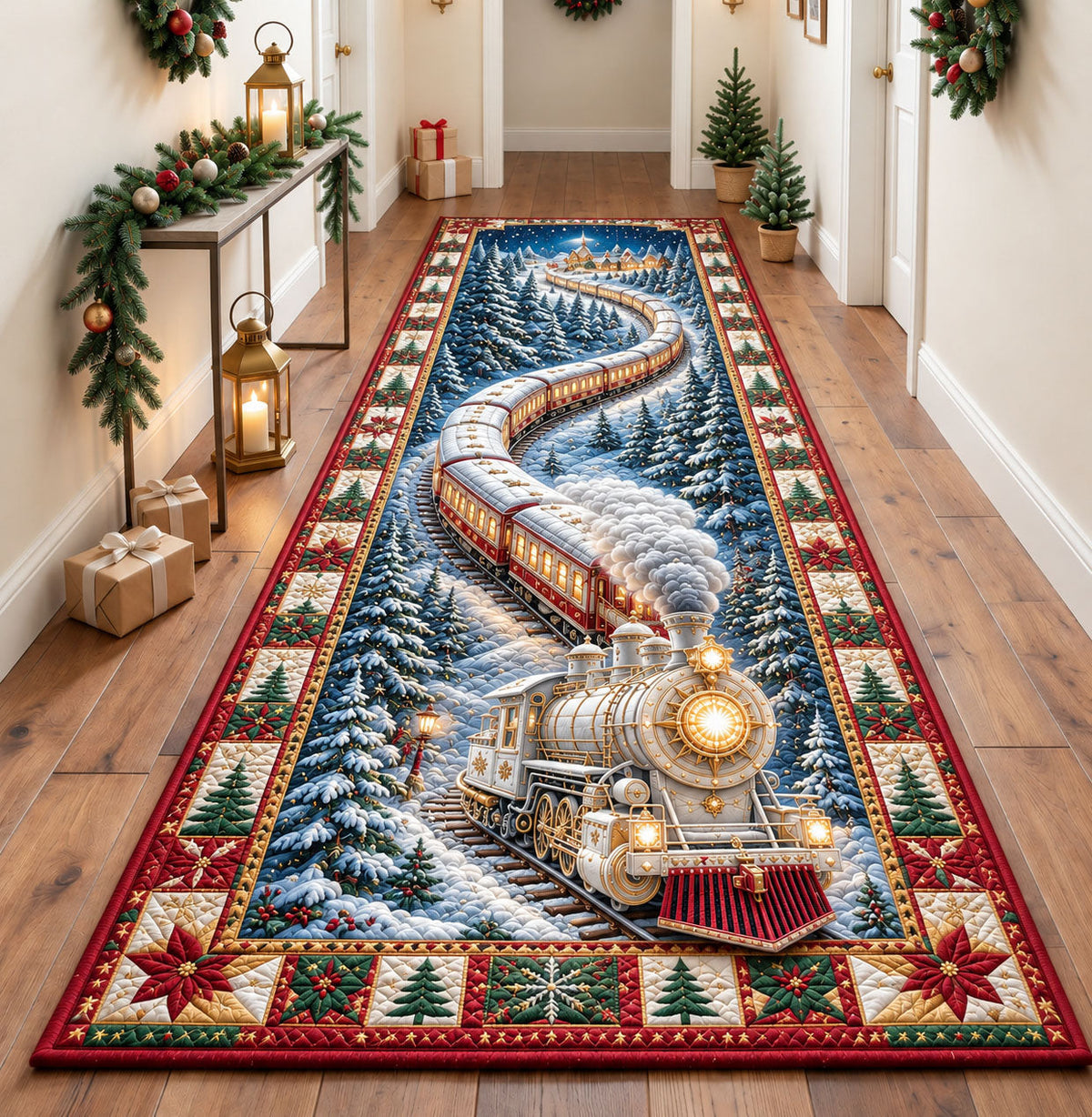Christmas Winter Express Runner Rug - Seasonal Design | Festive Runner Rug - washable non-slip printed rug
