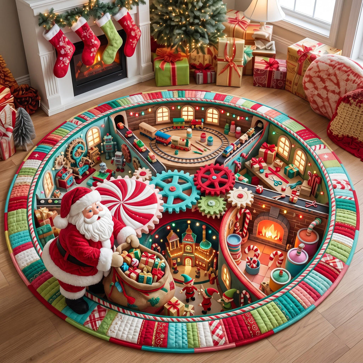 Christmas Workshop Round Mat Rug - Seasonal Design | Festive Home Decor - washable non-slip printed rug