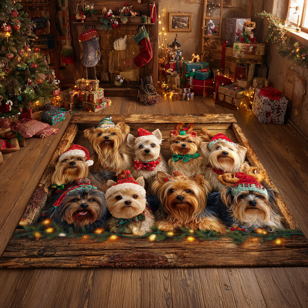 Christmas Yorkie area rug in a living room