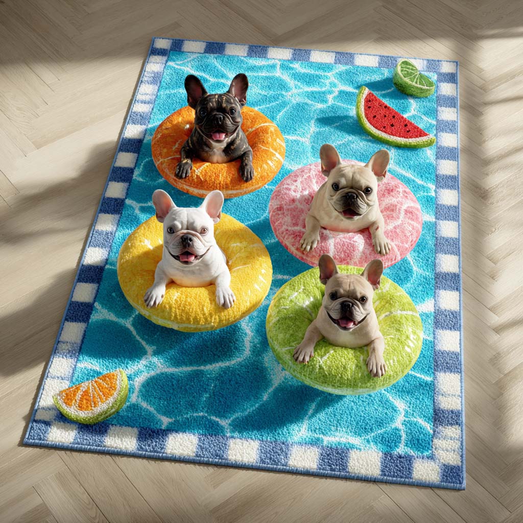 Citrus Frenchies area rug in a living room