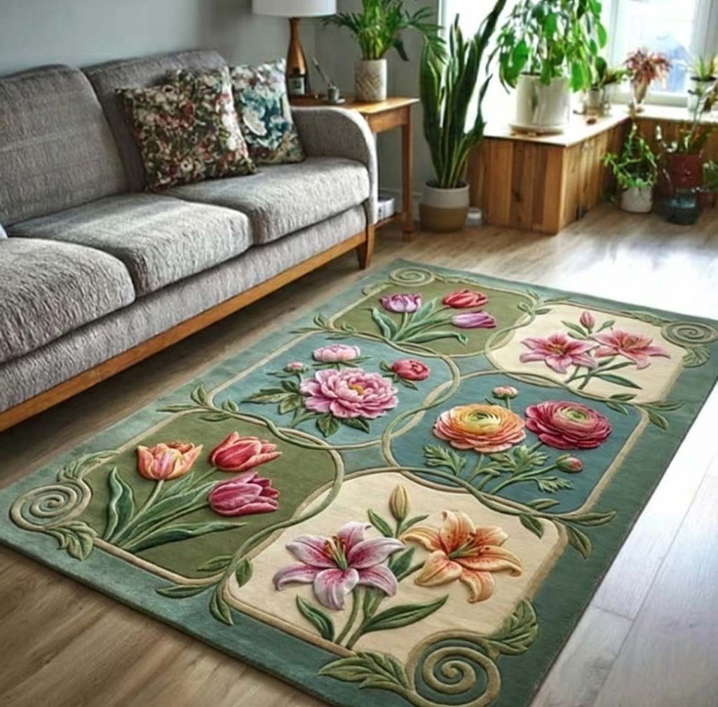 Classic Flowers area rug in a living room