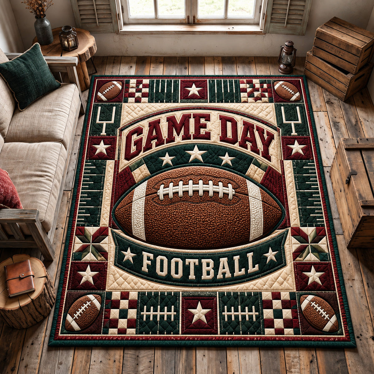 Classic Game Day area rug in a living room