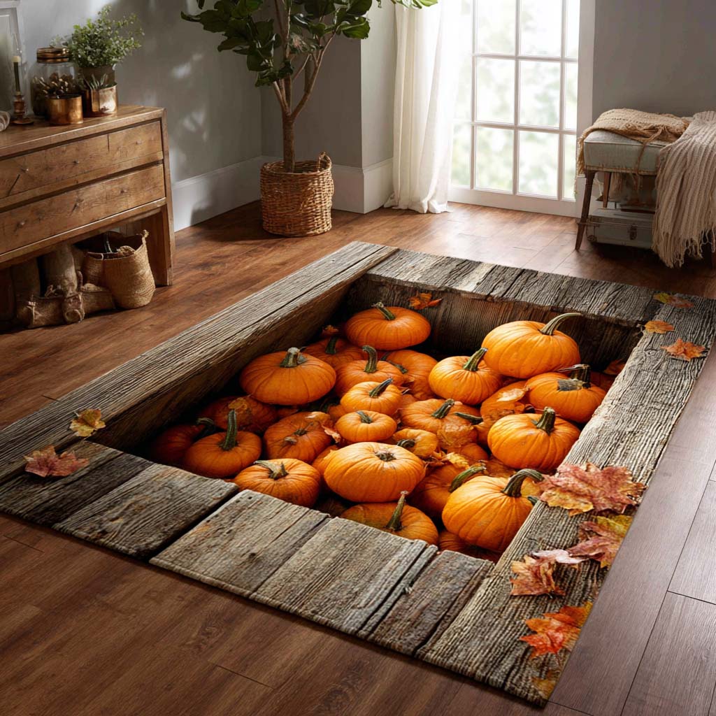 Classic Pumpkin Nest area rug in a living room