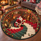 Classic Santa Library Round Mat Rug - Seasonal Design | Festive Home Decor - washable non-slip printed rug