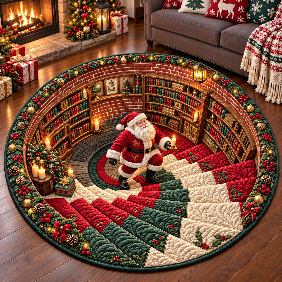 Classic Santa Library Round Mat Rug - Seasonal Design | Festive Home Decor - washable non-slip printed rug