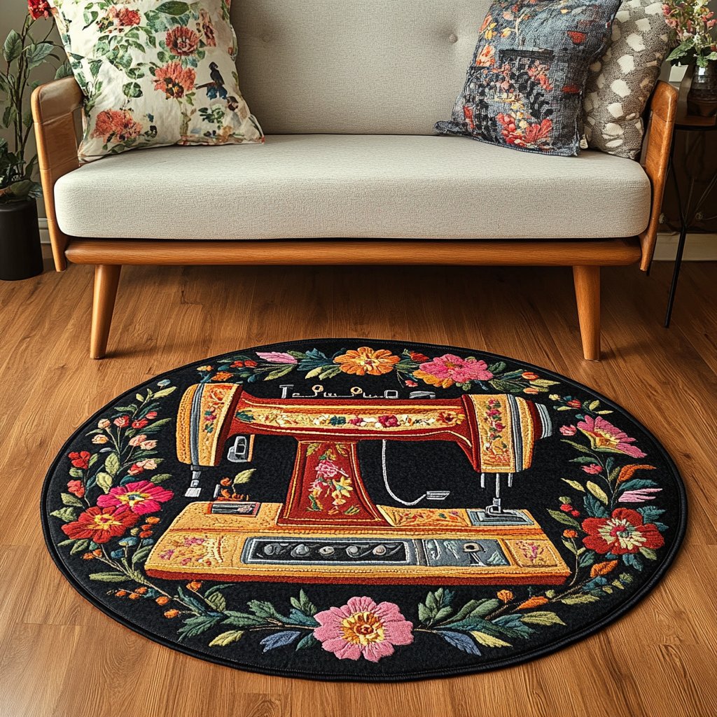 Classic Sewing Machine Round Mat Rug - washable non-slip printed rug