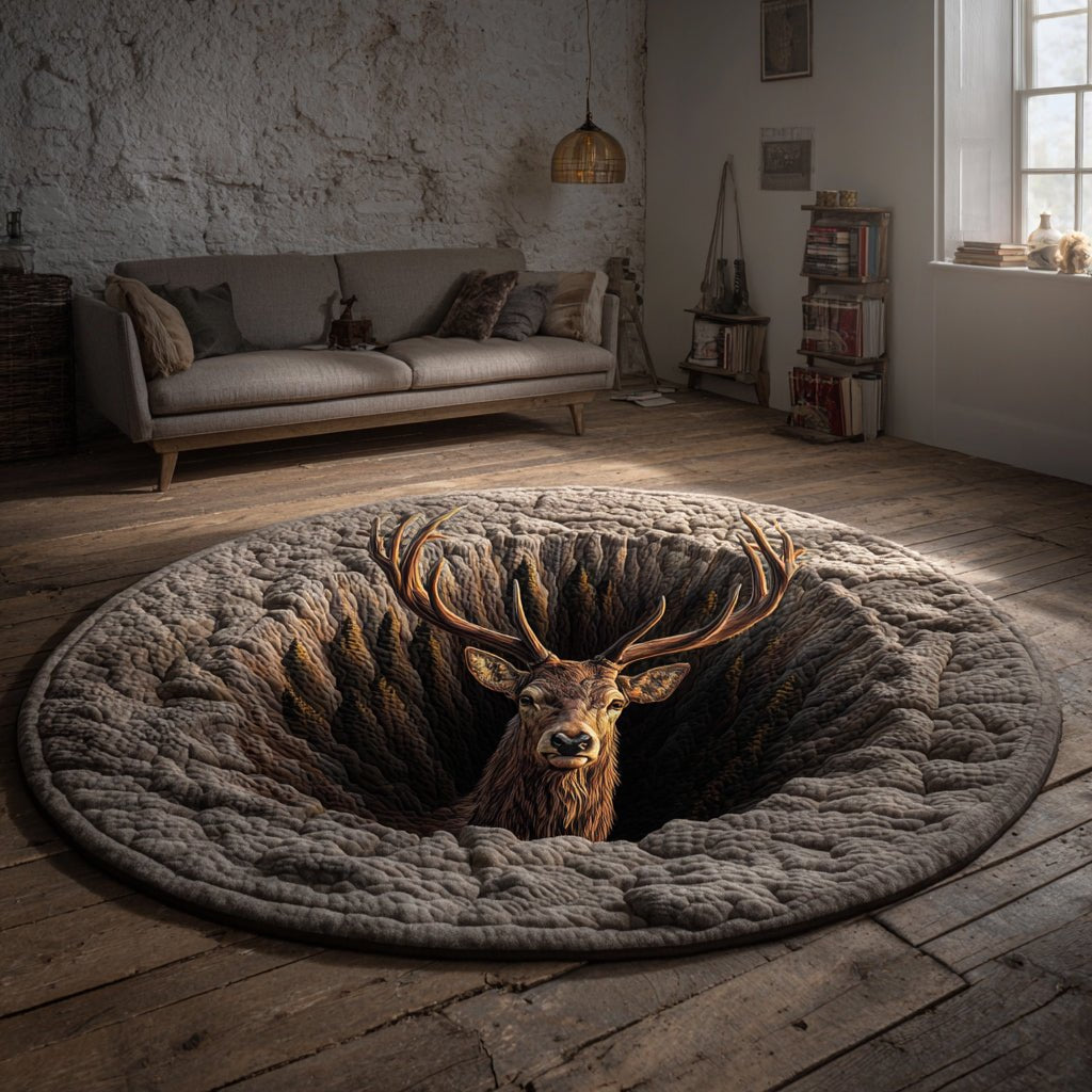Cliff Stag Gaze Round Mat Rug - washable non-slip printed rug
