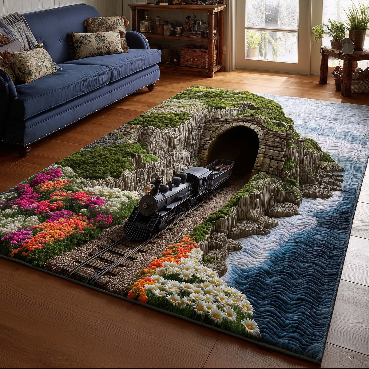 Cliffside Floral Locomotive area rug in a living room