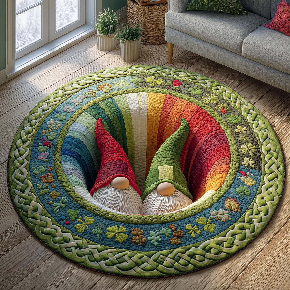 Clover Gnomes Round Mat Rug - washable non-slip printed rug