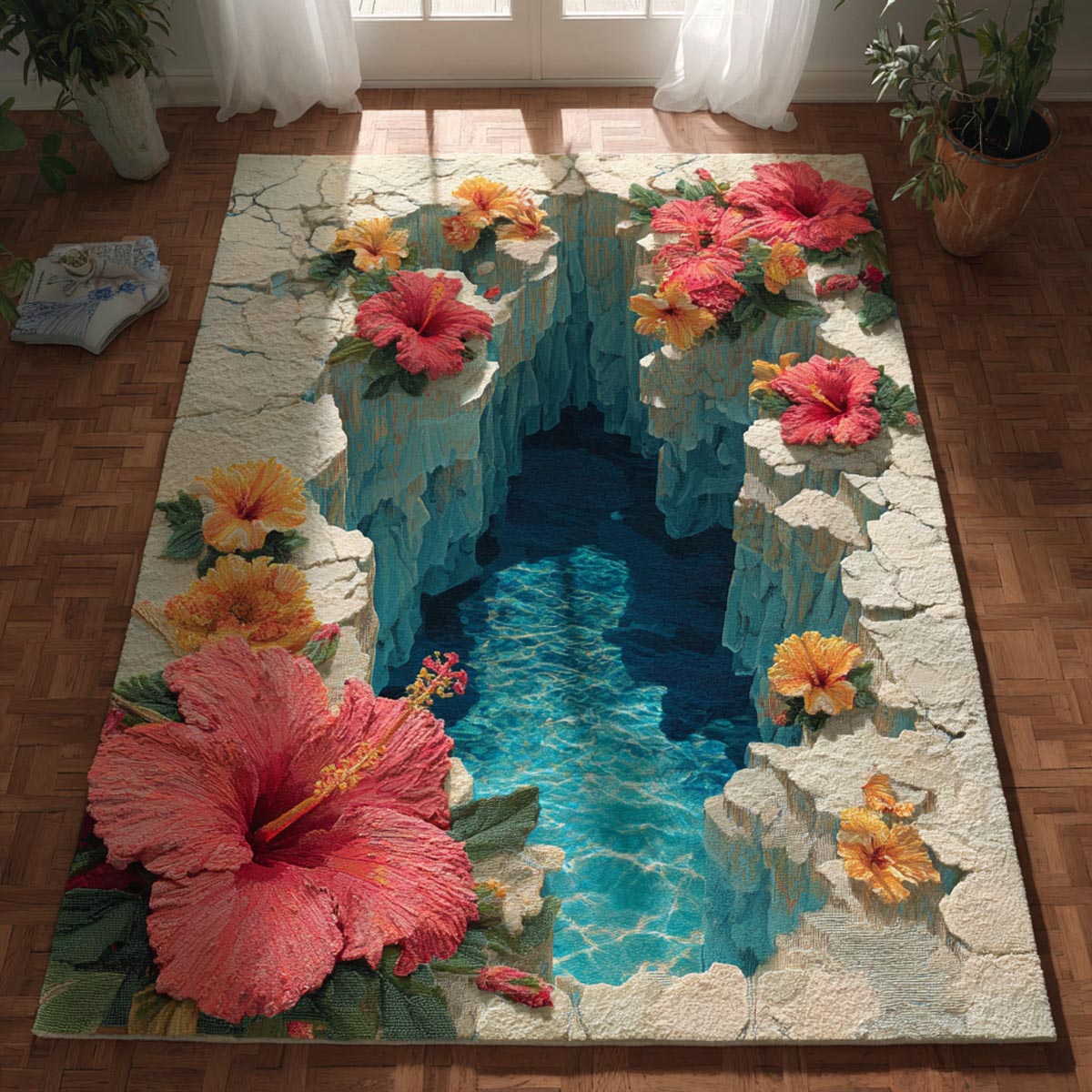 Coastal Bloom area rug in a living room