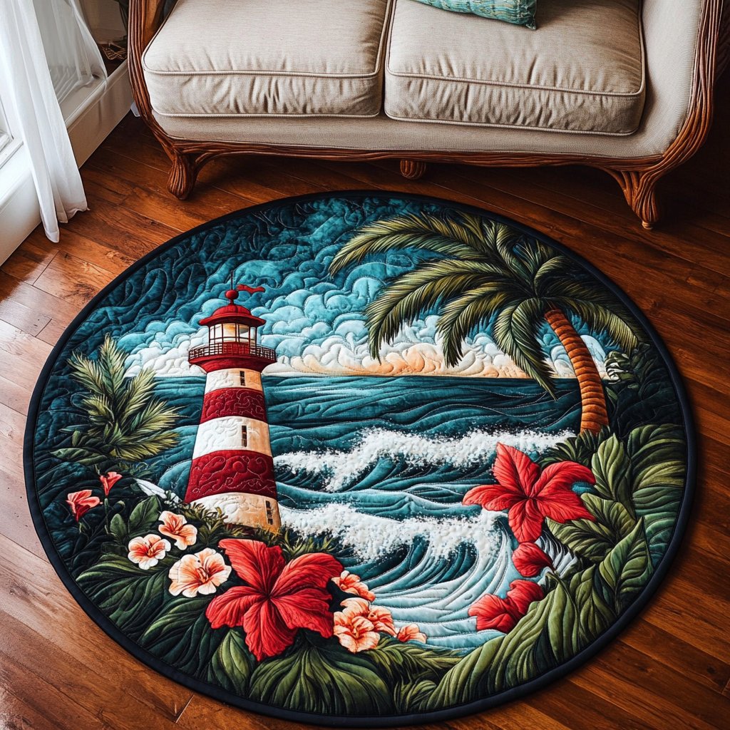 Coastal Bloom Round Mat Rug - washable non-slip printed rug