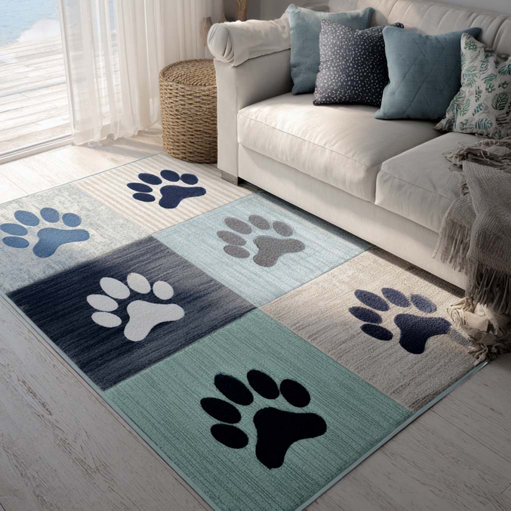 Coastal Blue Paw area rug in a living room
