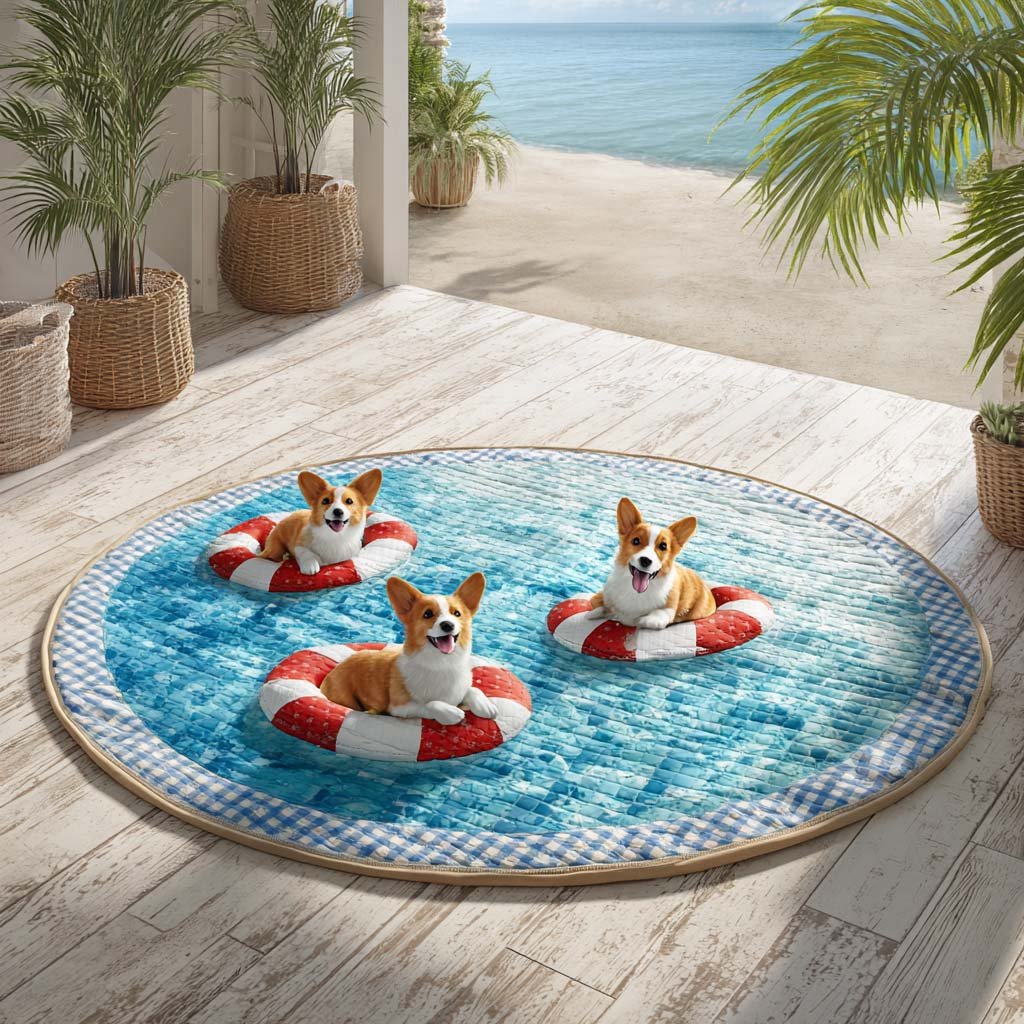 Coastal Corgi Round Mat Rug - Cute Pet Design | Animal Printed Home Decor