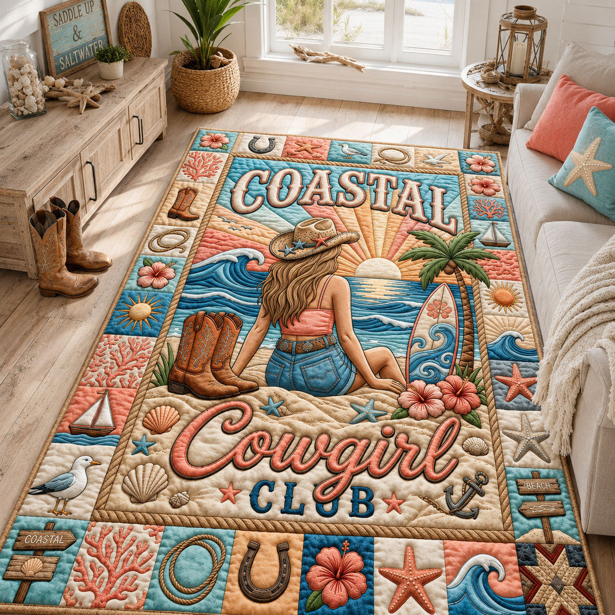 Coastal Cowgirl Club area rug in a living room