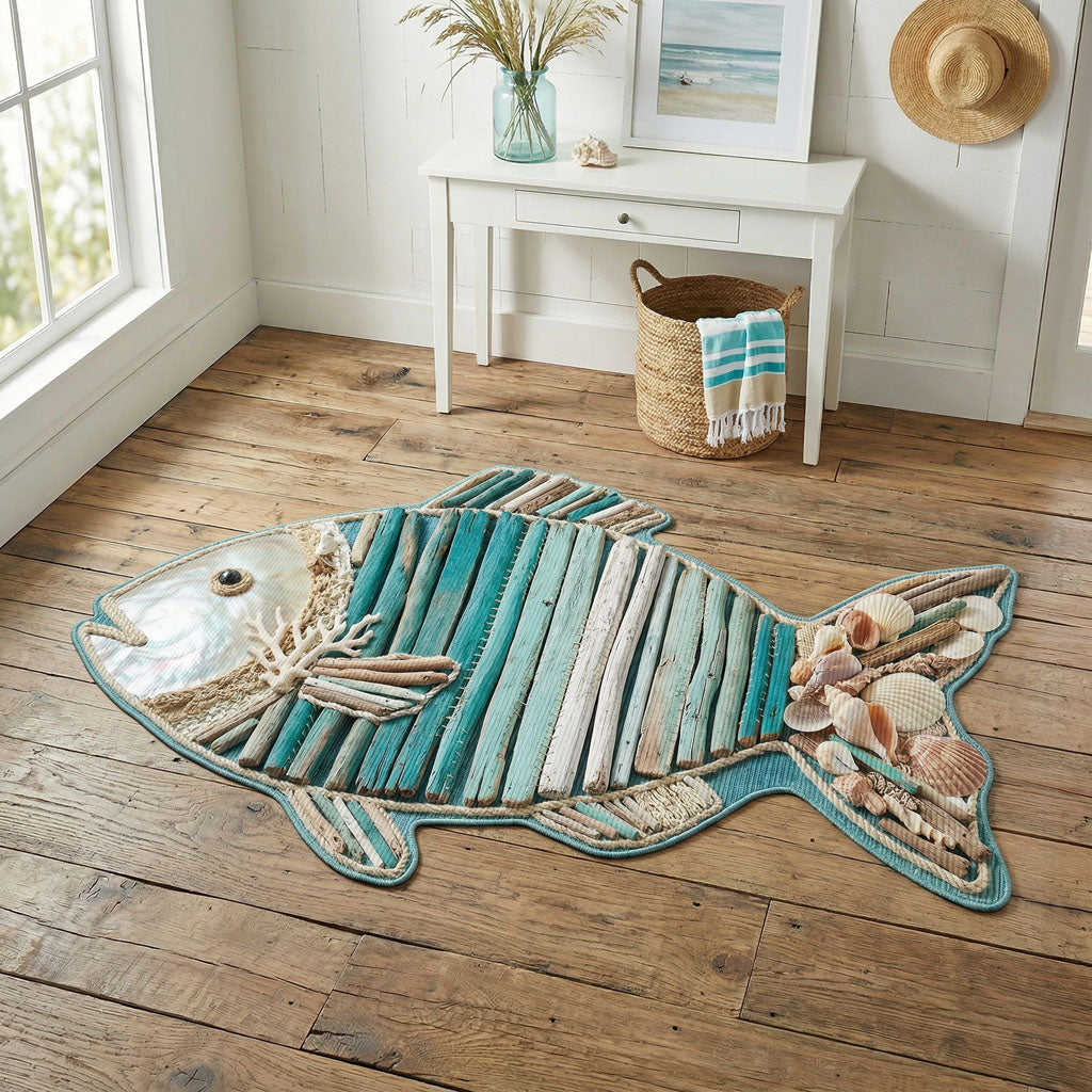 Coastal Pearl Scallop Custom Shape Area Rug - Coastal Design | Die-Cut Non-Slip Rug - washable non-slip printed rug
